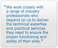 We work closely with a range of industry professionals who depend on us to deliver the technical expertise and practical services they need to ensure the proper functioning and safety of their sites.